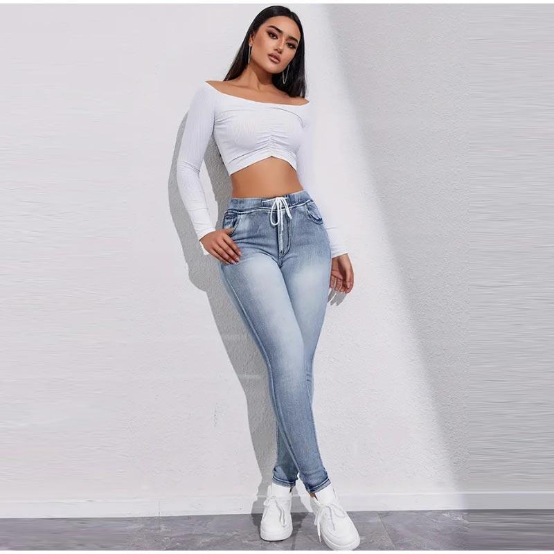High Stretch Drawstring Denim Inspired Leggings for Women High Waist Slim Fit Lifted Buttocks Solid Color Tight Pants Spring