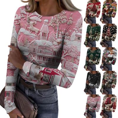 Women's  Slim Bottom T-shirt Fashion Casual Gradient Printing Round Neck Pullover Long Sleeve Top