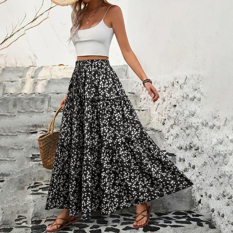 Women's Small Floral Belt Three-layer Splicing Long Skirt Spring and Summer High-end Foreign Trade Women's Skirt A-word Skirt