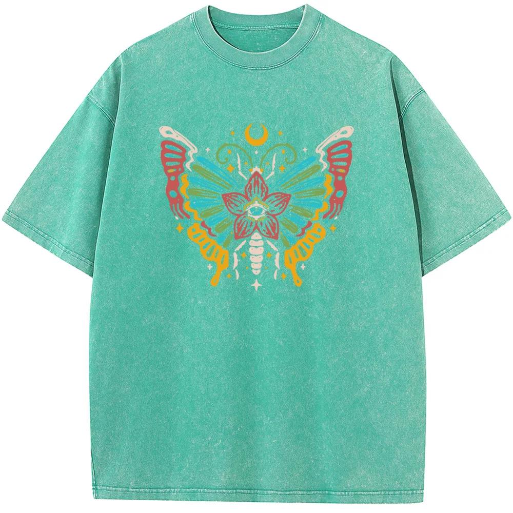 Butterfly Moon Women's Short-Sleeved T-shirt Bleached Tshirt Fashion Loose Washed T-Shirt Cotton Bleach T shirt
