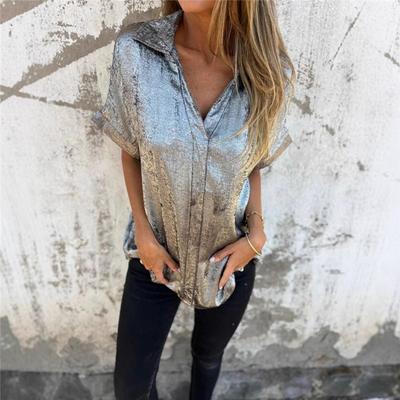 Zomer Casual Los Bronzing Korte Mouwen Kraag Shirt Dames
