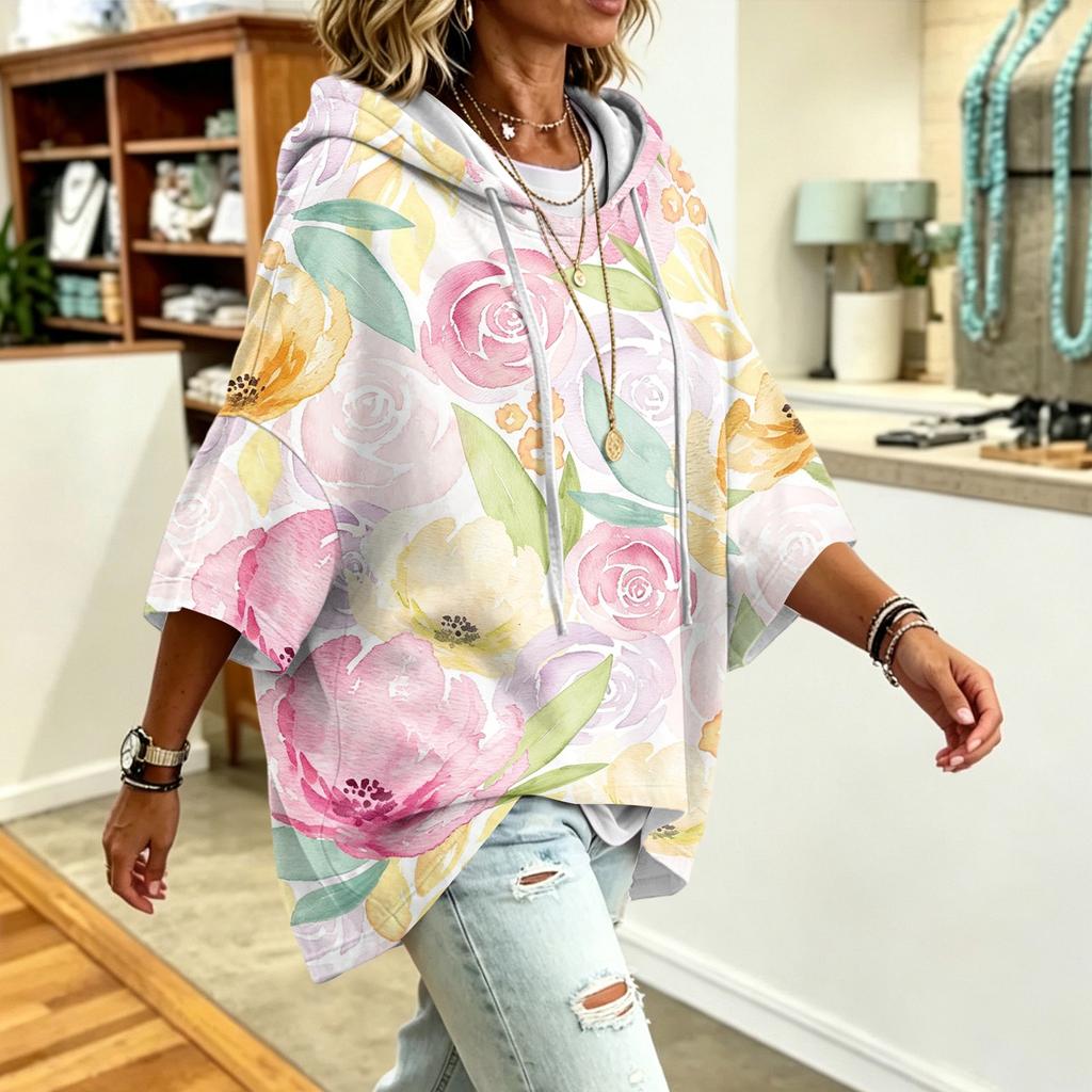 Women's Loose Fit Printed Hoodie Casual Sweatshirt Top