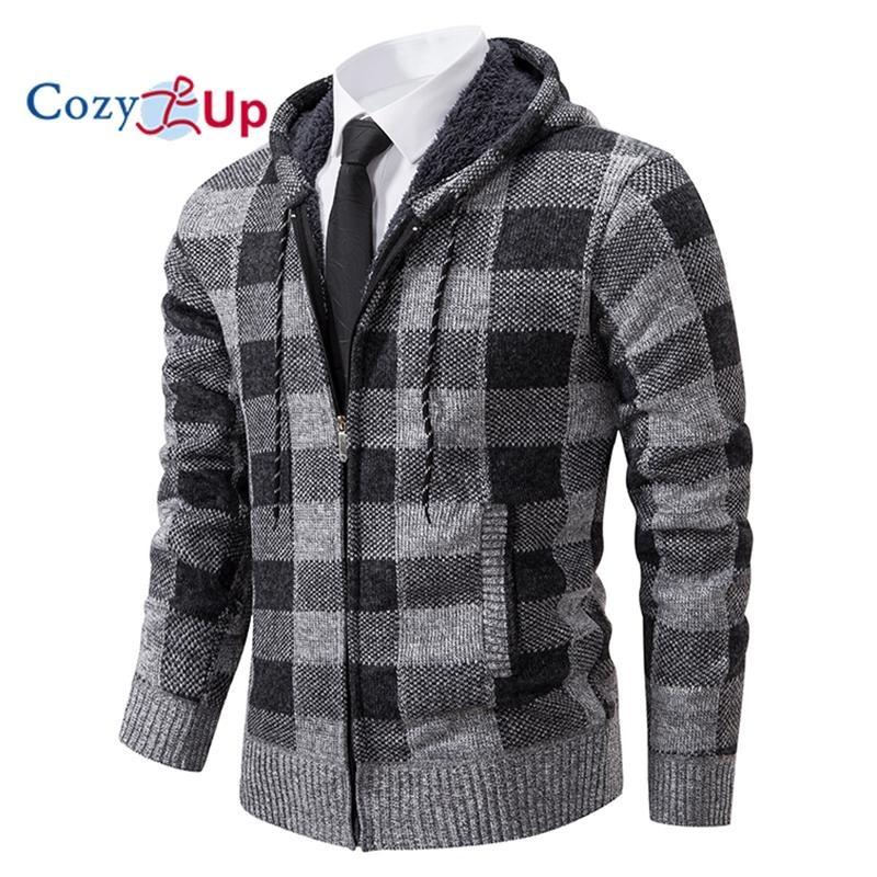 Cozy Up Men Sweater Coat  Autumn Winter Thick Warm Hooded Plaid Wool Sweater Cardigan  Zipper Fleece Coat Men