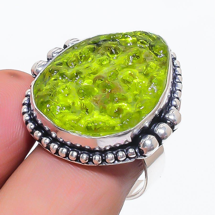Natural Moldavite Quartz Gemstone 925 Sterling Silver Jewelry Ring Size 9.5 T0r03