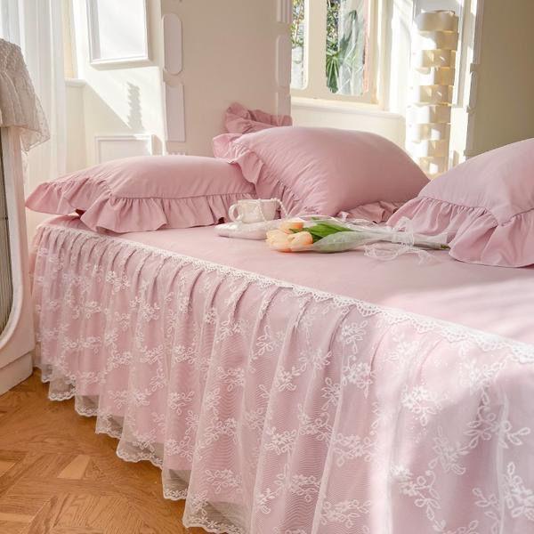 French Lace Embroidered Bed Skirt Small Fresh Solid Color Cotton Bed Cover Thin Gauze Hem Anti Slip Bed Sheets and Bedding