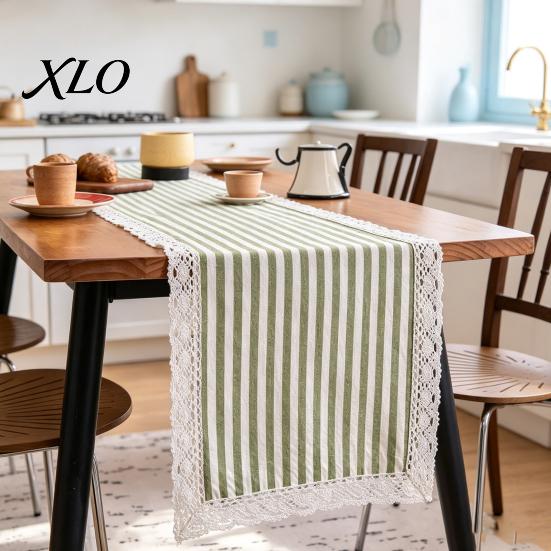 Striped Table Runner Runner, Lace Trim Cotton Linen Long Rustic Farmhouse for Home Dining Decor Decorative