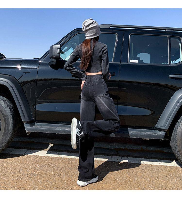 Black-Gray High-Waisted Wide-Leg Jeans for Women - Velvet-Lined, Thick, Loose-Fit, Slimming, Straight-Leg, Floor-Length, Petite, Trendy Pants