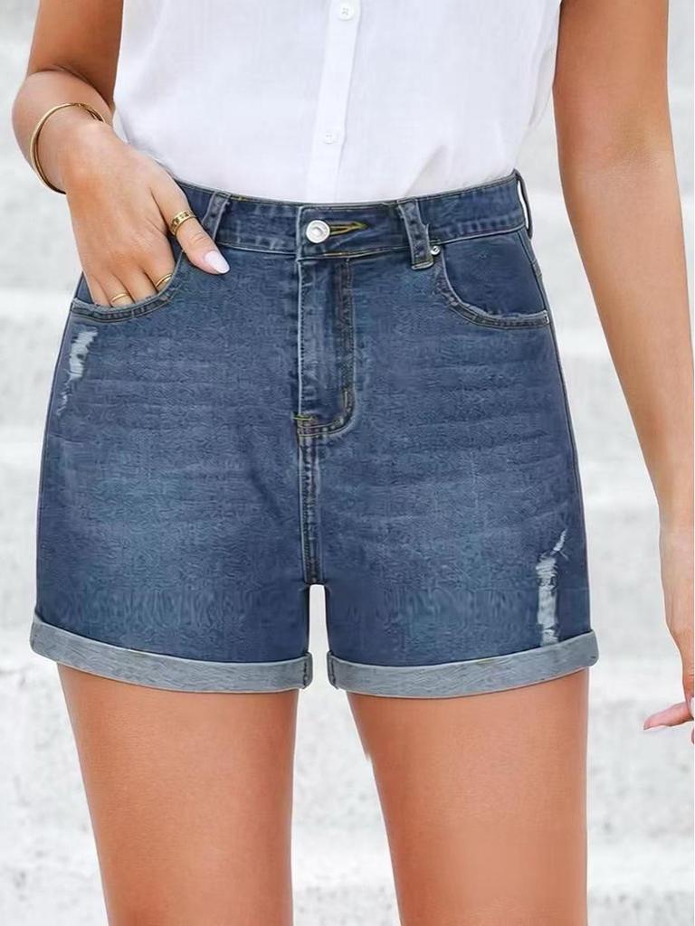 Shorts vaqueros ajustados con rotos y puños para mujer estilo europeo-americano