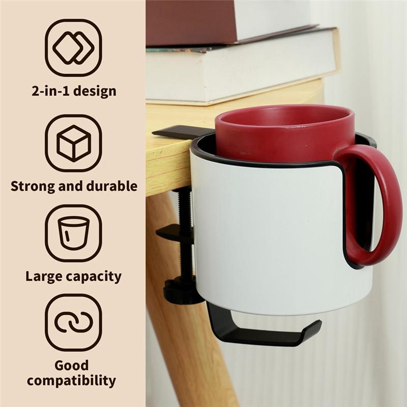 AD23-Desk Cup Holder Table Universal Adjustable Pgraded Arm Clamp Nonslip Storage Rack Clip On Coffee Bottles With Hook