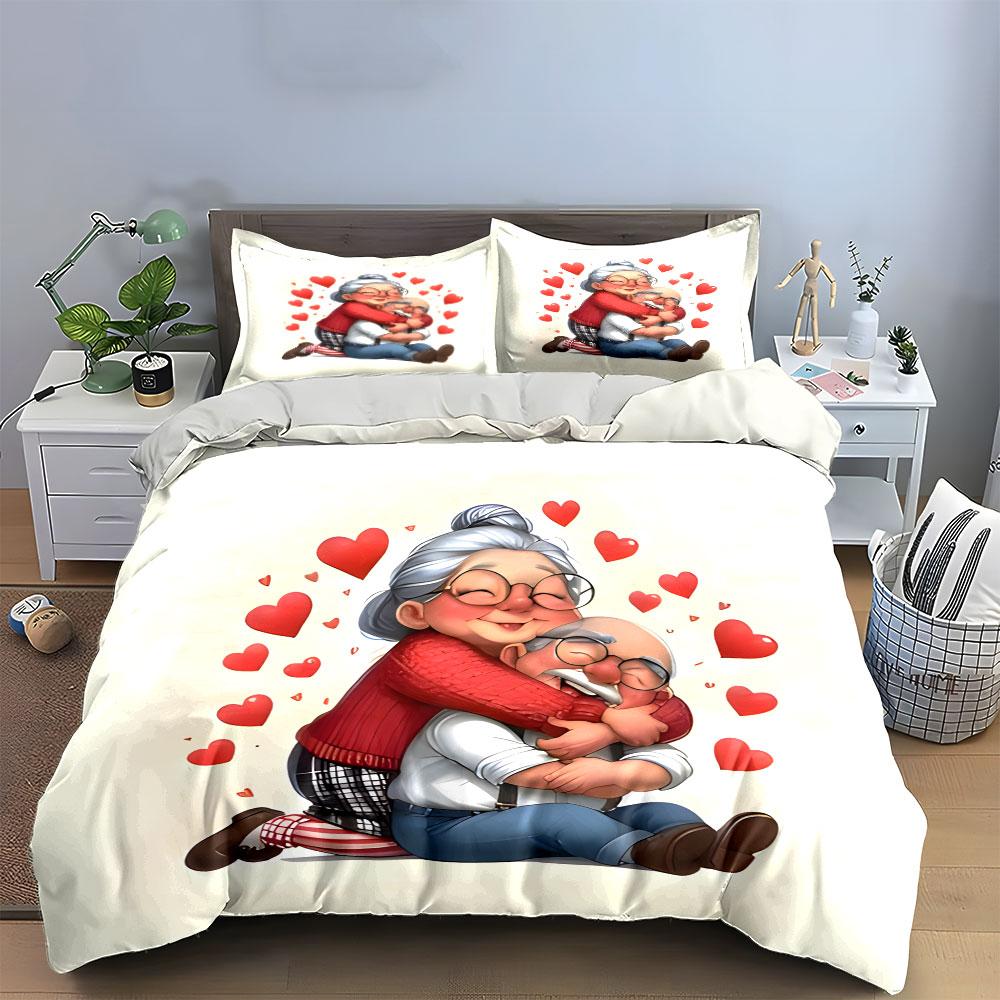 Cute Cartoon Elderly Couple Hug Red Heart Bedding SetSweet Old Grandma Grandpa Love Print 1 Duvet Cover + 2 Pillowcase gift