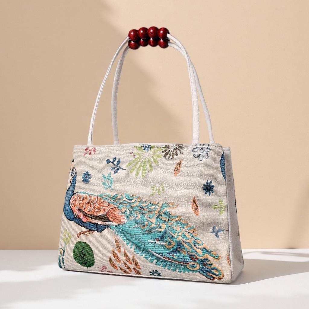 Canvas Handbag With Peacock Embroidery For Daily Casual Wear