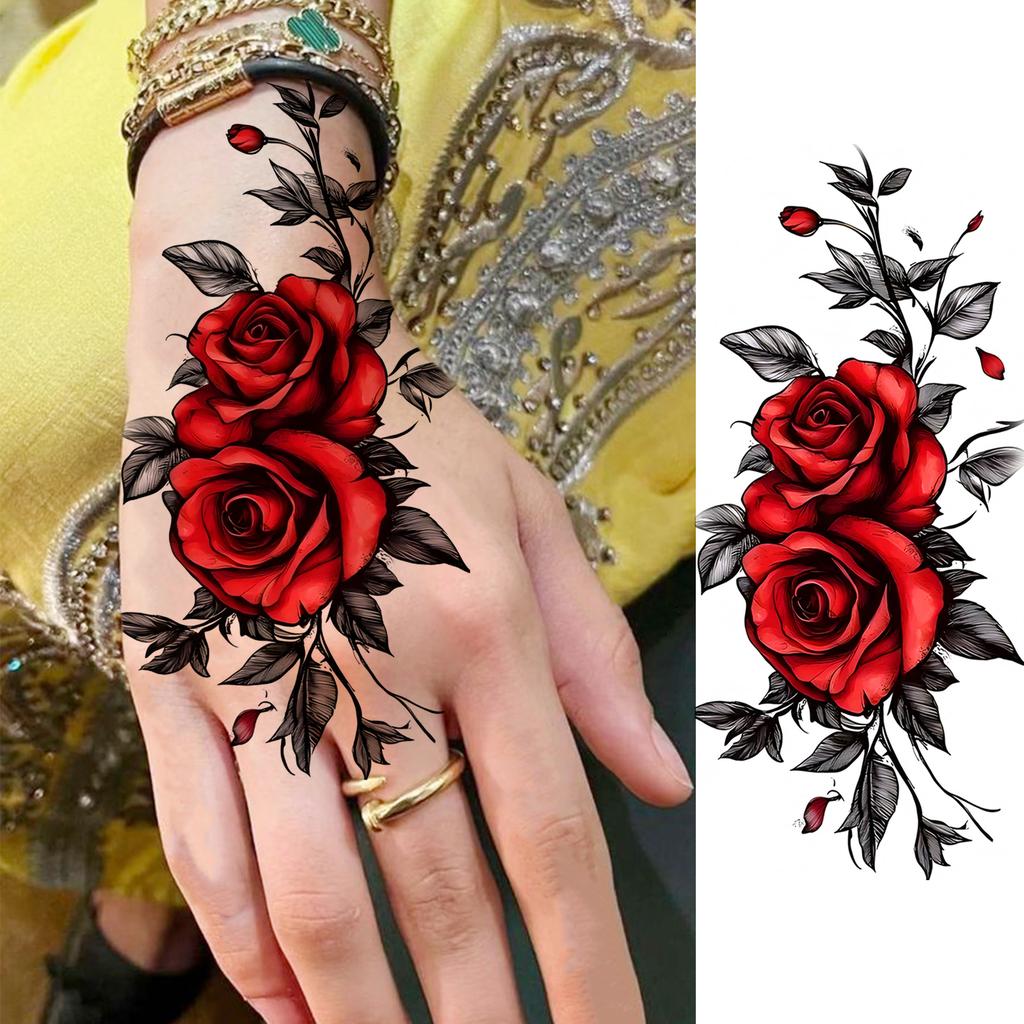 1 Sheet Colorful 3D Rose Flower Butterfly Temporary Tattoos For Women Adults Hand Foot, Waterproof Realistic Fake Tattoo Sticker
