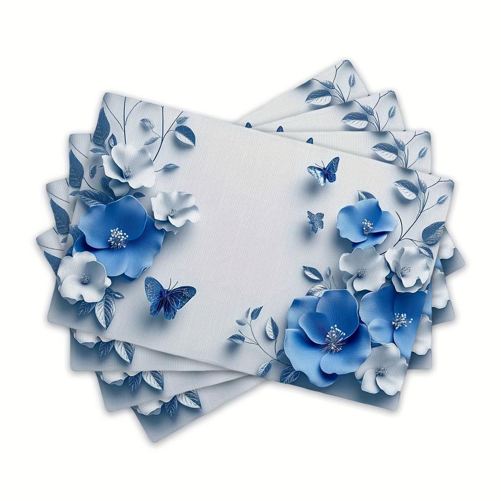1pc Placemat Set for Dining Table, Blue Relief Flowers Popular Home Placemats, Holiday Decoration Rustic Vintage Table Mats