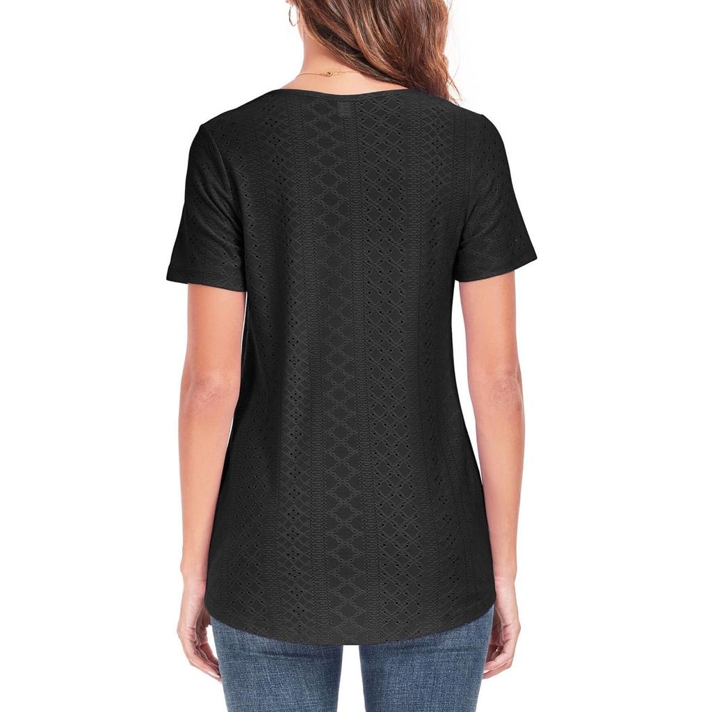 Women Casual Hollow Out Short Sleeve T Shirt Round Neck Loose Fit Lightweight Breathable Summer Top