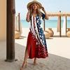 American Flag Flower Pattern Slim Long Dress V-neck Short Sleeve Side Split Hanging Loose Medium and Long Dress