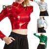 Women Club Top Half High Collar Glossy Surface Skinny Waist Exposed Solid Color Pullover Soft Breathable Lady Pole Dance Performance Party Crop Top