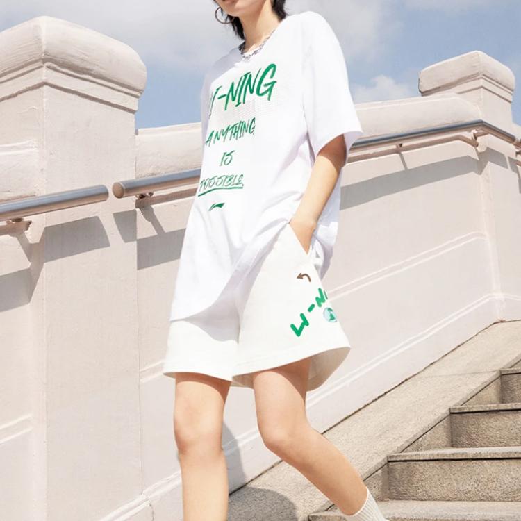 Lining Sports Life Cartoon Letter Print Straight Shorts Women Bottoms White AKST664-1