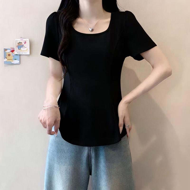 

2026 Summer Plus Size Women s U-Neck Short-Sleeve T-Shirt - Age-Reducing Solid Color Design L чёрный