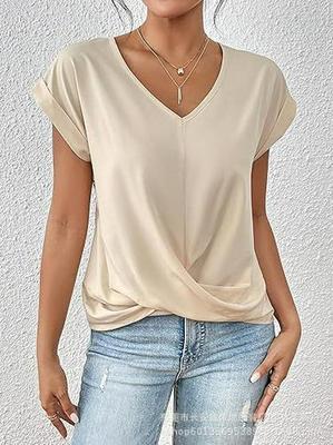 2026 Cross-border Hot Selling Solid Color V-neck T-shirt, Elegant Short-sleeved Top for Spring/Summer Women's Clothing