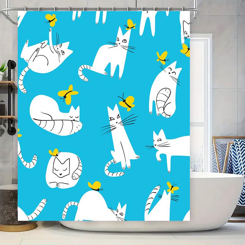 

Modern Cartoon Cats Butterfly Shower Curtain Bathroom Decor Blue White Cat Print Waterproof Plastic Liner Home Accessories Wall 90x180cm