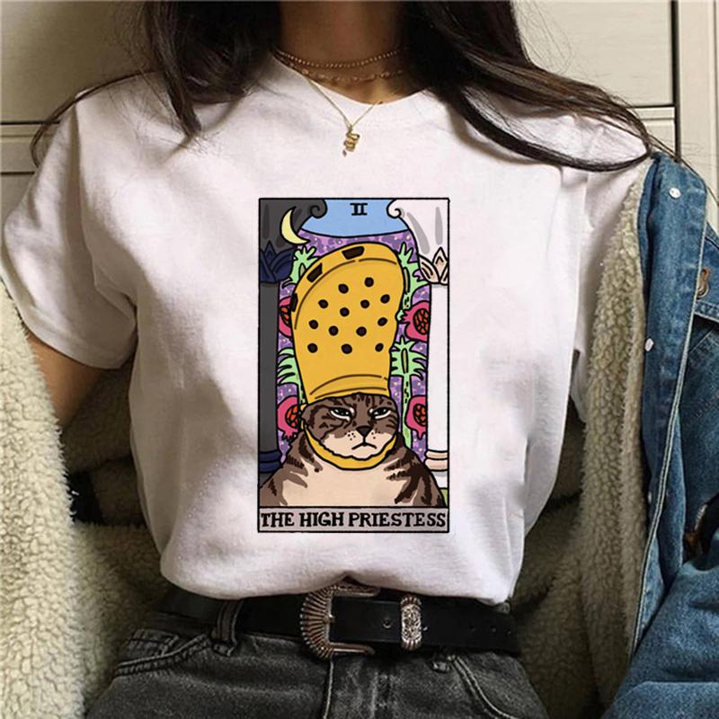 Magic In All Tarot Print T-Shirt Kawaii Magic Cat Printed Tshirt Astronomy Tee Shirt Top Aesthetic Women Hippie Bohemian Tshirt