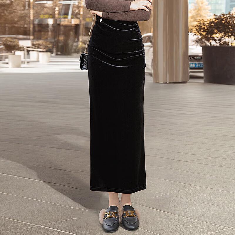 

Siboos Women s High-Waist Velvet Slit Midi Skirt S