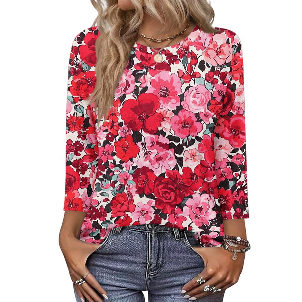 343/4 Sleeve Shirts For Women Cute Print Graphic Tees Blouses Casual Plus Size Basic Tops Pullover