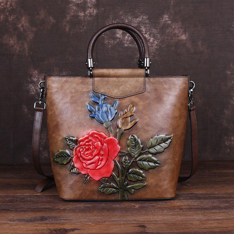 Johnature Retro Large Capacity Luxury Handbags Women Bags Designer Genuine Leather Casual Tote Rose Shoulder Bags