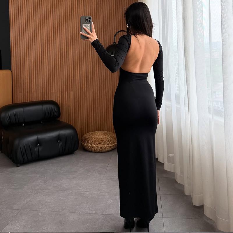 2025 Summer European & American Women's Long-Sleeve Backless Solid Color Fashion Evening Dress
