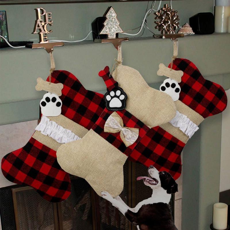 Christmas Decorations Christmas Socks Gift Bags Dog Paws Christmas Socks Plaid Bone Socks Handmade