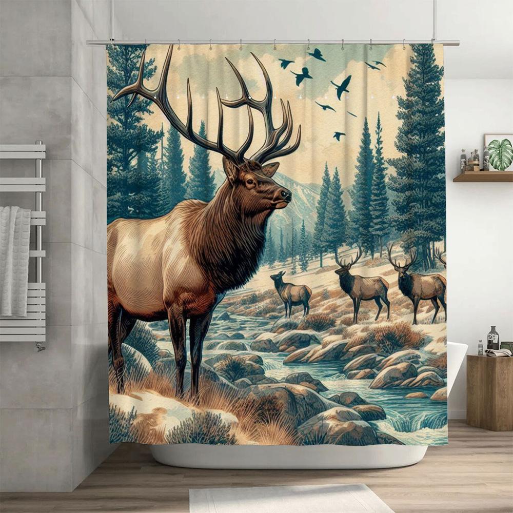 Outdoor Deer Shower Curtain Wildlife Home Decor Bath Mat Elk Print Waterproof Fabric Bathroom Decoration Multicolored Size: 72 x