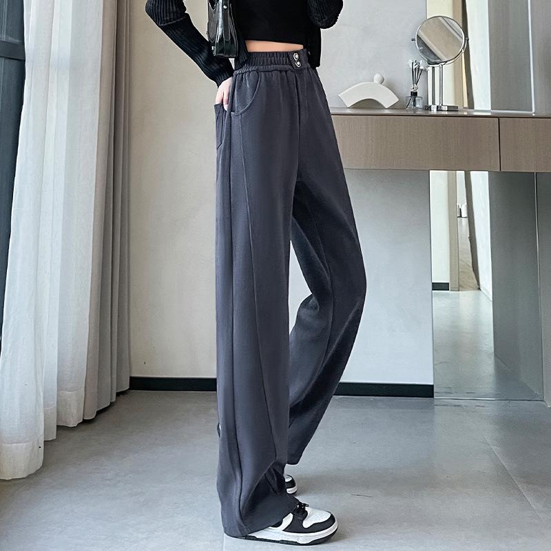 2024 Plus Size Fleece-Lined High Waist Wide Leg Pants for Women - Slimming Casual Autumn Winter Wear
