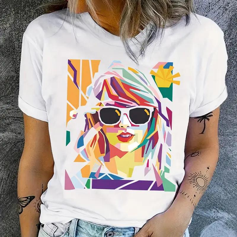 

Женская летняя футболка Ретро мода Футболки с коротким рукавом Повседневные классические топы с принтом 8XL белый