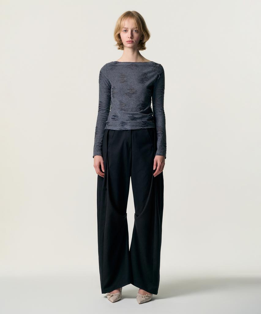 Kimjisu Distressed Cowl Neck T-Shirt_Blue