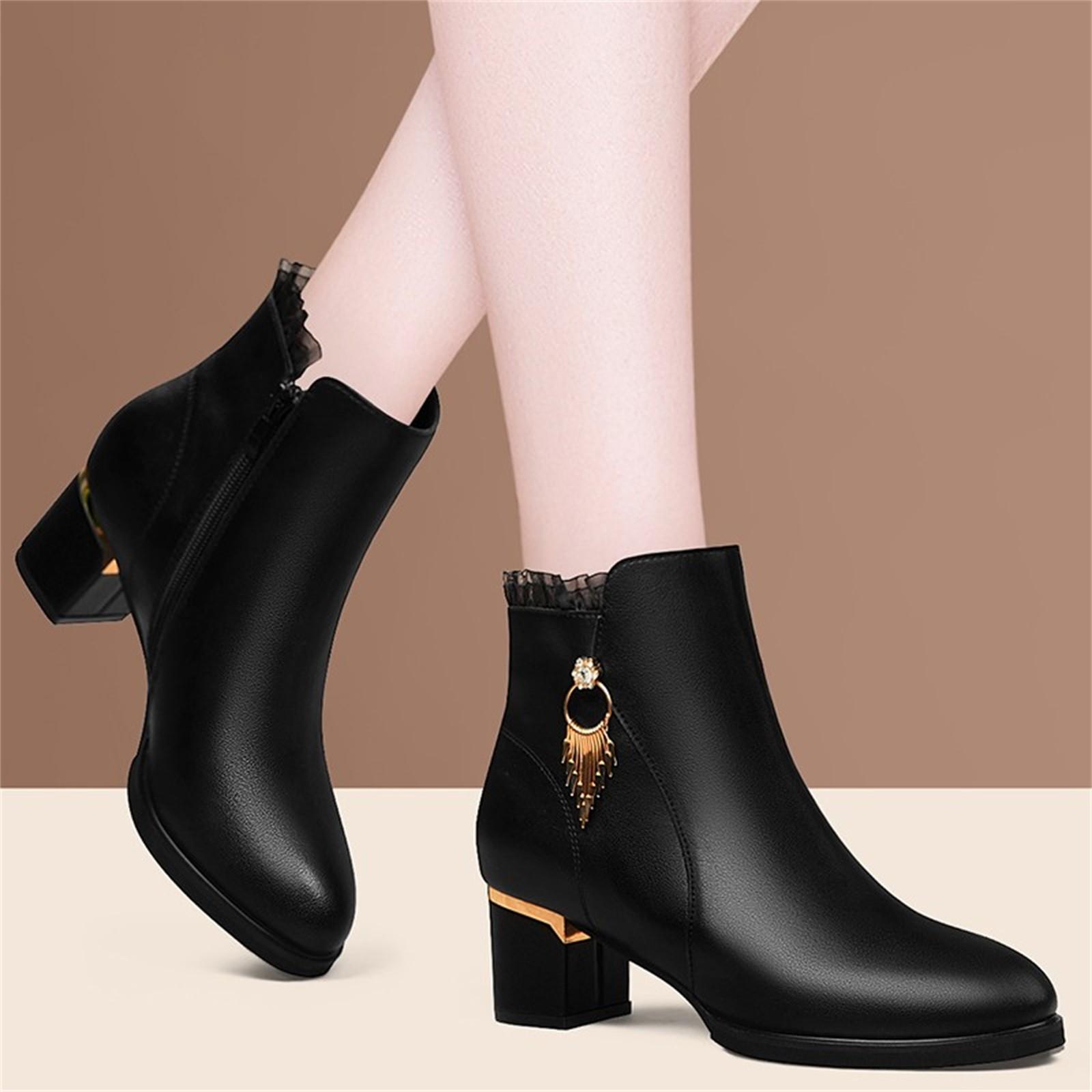 

Round High Zipper Boots Heel Heel Toe British Side Thick Boots Women s Leather women s boots Boots for Women Size 12w 39 чорний
