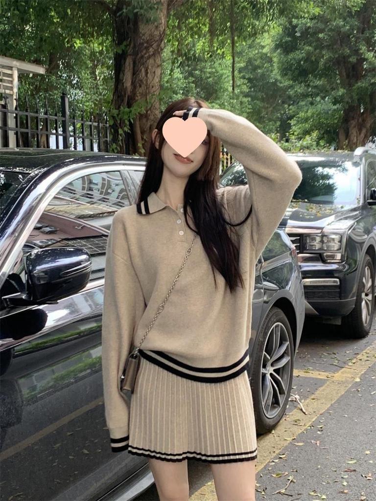 Korean Style Loose Fit Knitted Sweater & Pleated Midi Skirt Two-Piece Set