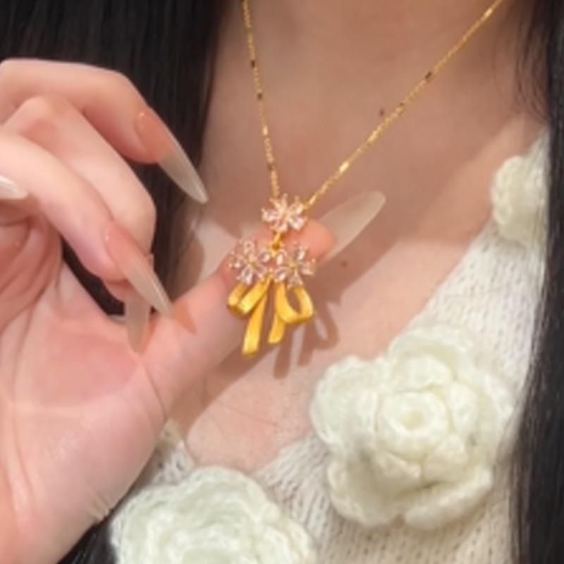 K real gold electroplated zircon flower bow necklace retro elegant temperament collarbone chain light luxury niche jewelry