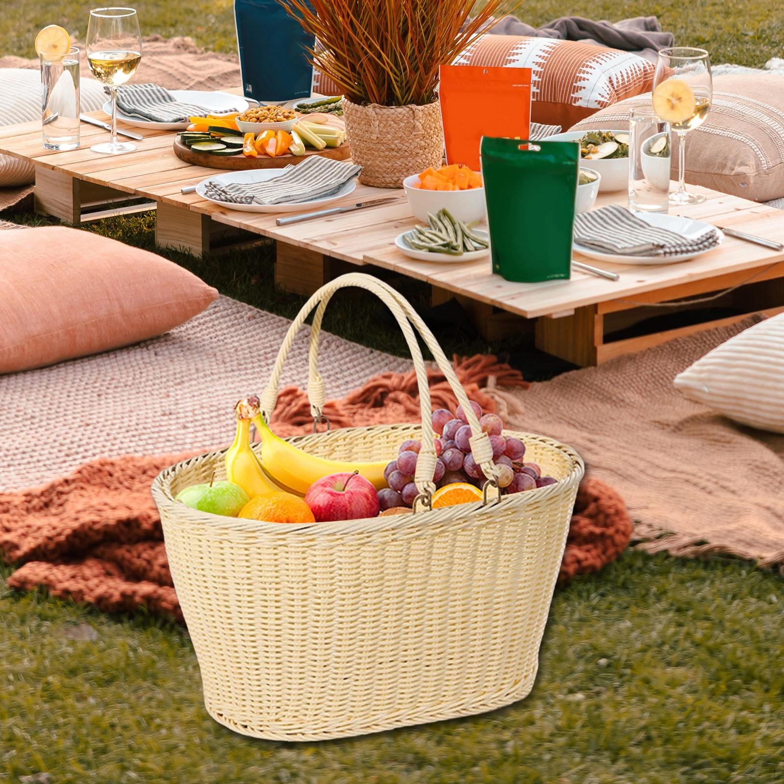 

Imitation Rattan Kitchen Tote Basket Multifunctional Decor Iron Wire Frame with Handle for Park Home 35cmx27cmx17cm