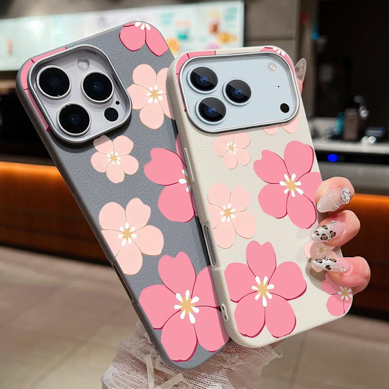For iPhone 17 Pro Max Case Fresh Style Cherry Blossom Pattern Leather Texture Soft Silicone Cover For iPhone 16 15 14 13 Pro 12 11 16E Air