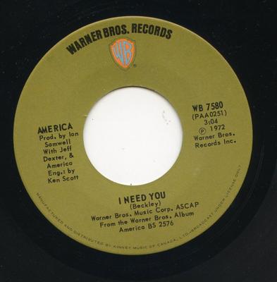 7inch Record AMERICA - I Need You / Riverside WB7580 Warner Bros. Re 1972 Canada Rock Used