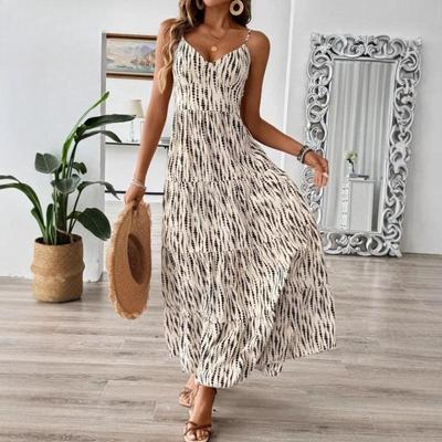 Women's Fashion Summer Spring Stripe Print Sleeveless V-Neck High Waist Casual Dresses
