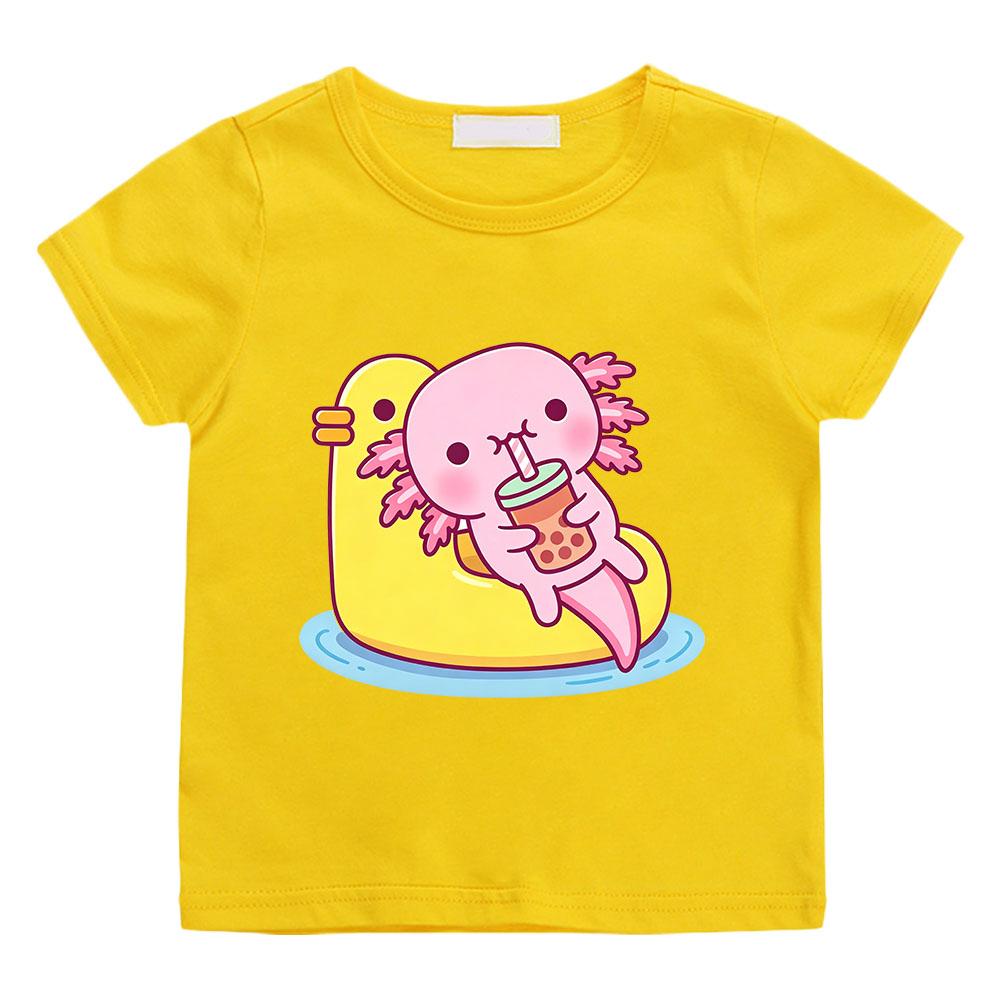 Cute Pink Axolotl Children's T-shirt Cartoon Print 100 %Cotton Tees Round Neck Boys Girls Short Sleeve Casual Kids Top Summer