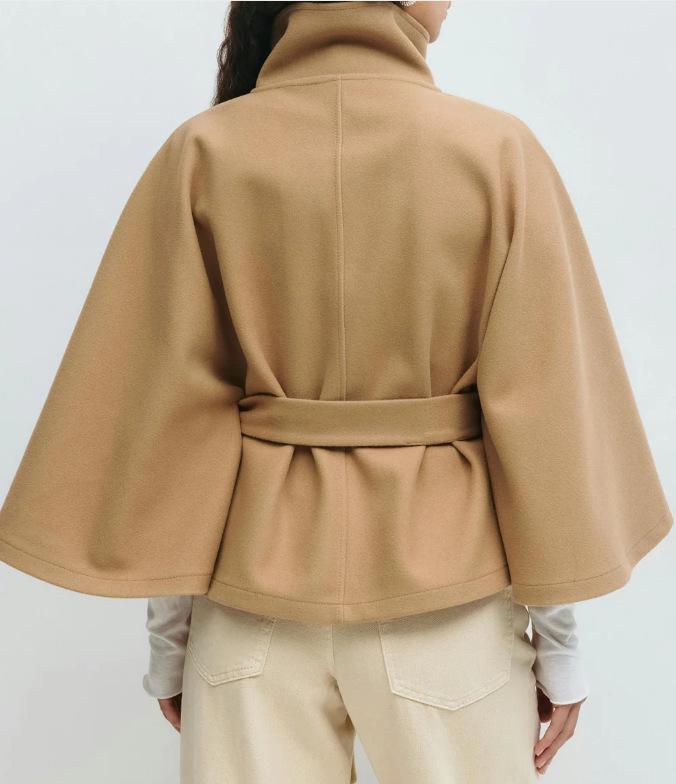 Women's European & American Autumn/Winter Solid Cloak Trench Coat with Stand-up Collar and Waist Belt