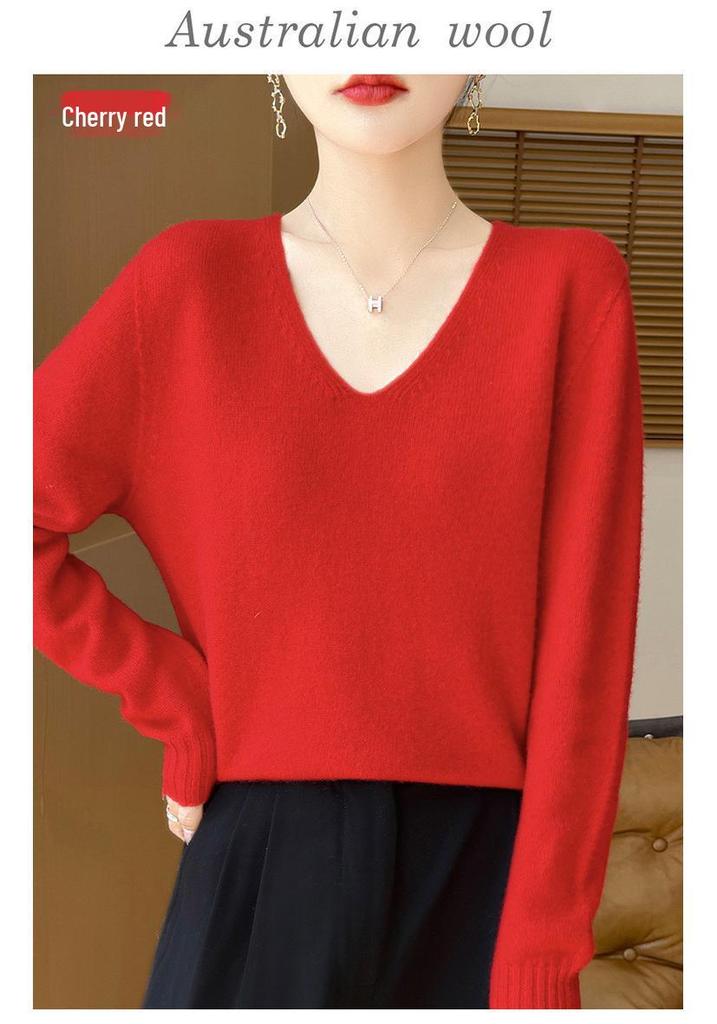Women's V-Neck Thickened Wool Knit Sweater – 100% Pure Loose Fit