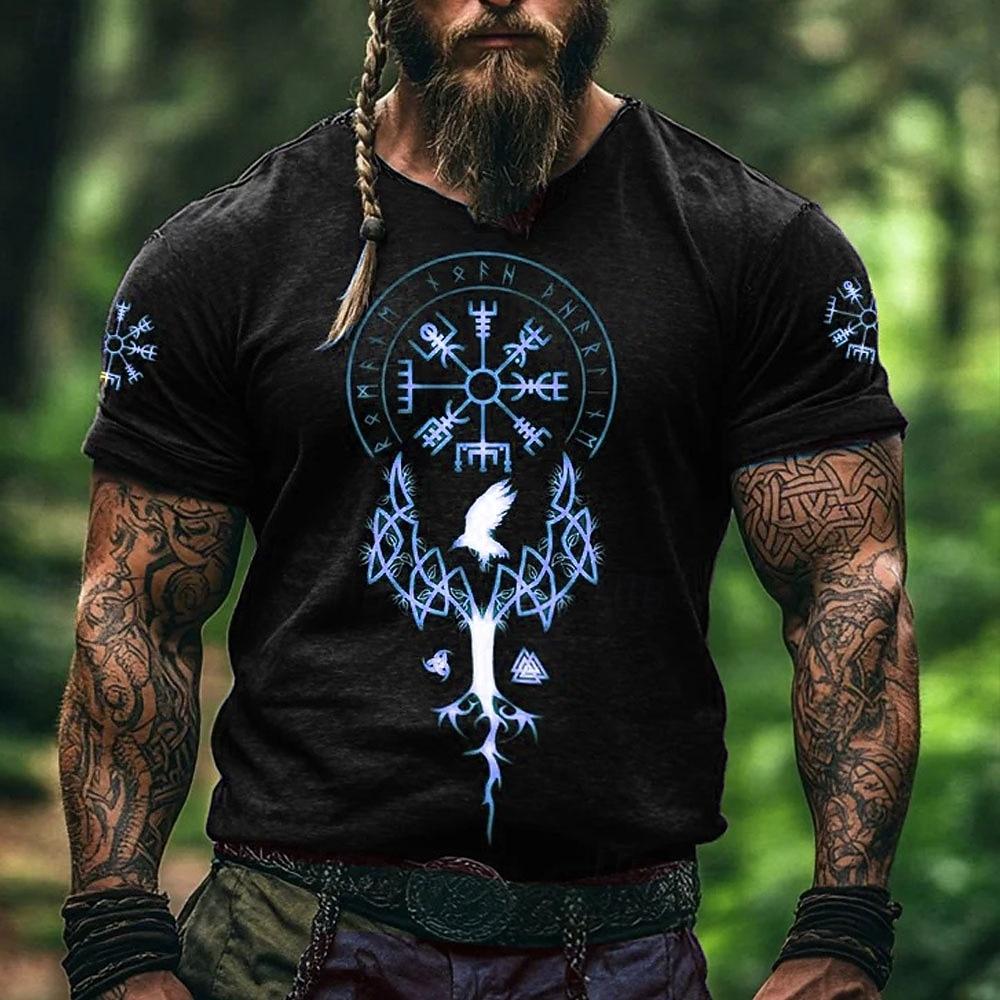 Vyriški Vikingų Marškinėliai Trumpomis Rankovėmis 3D Spausdinti Apvalia Kaklo Iškirpte Madingi Etniniai Street Casual Kasdieniniai Juodi 1 Juodi 3 Juodi Vasariniai Pavasariniai Visi