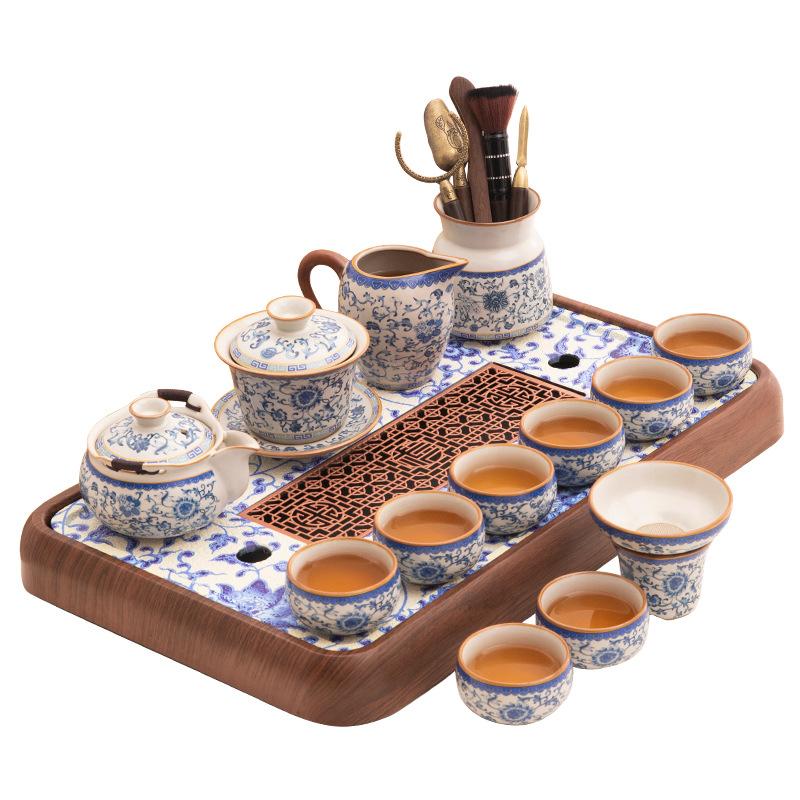 New blue and white Ru kiln Kung Fu tea set Household ceramic brewing teapot teacup drainage water storage tea tray