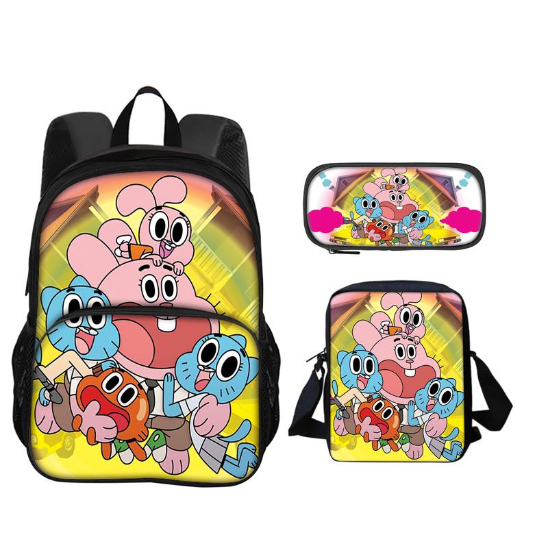 The Amazing World of Gumball Round Front Bag Backpack Pen Bag Shoulder Bag 3Pcs Set Cartoon Anime Printed Student Boys and Girls