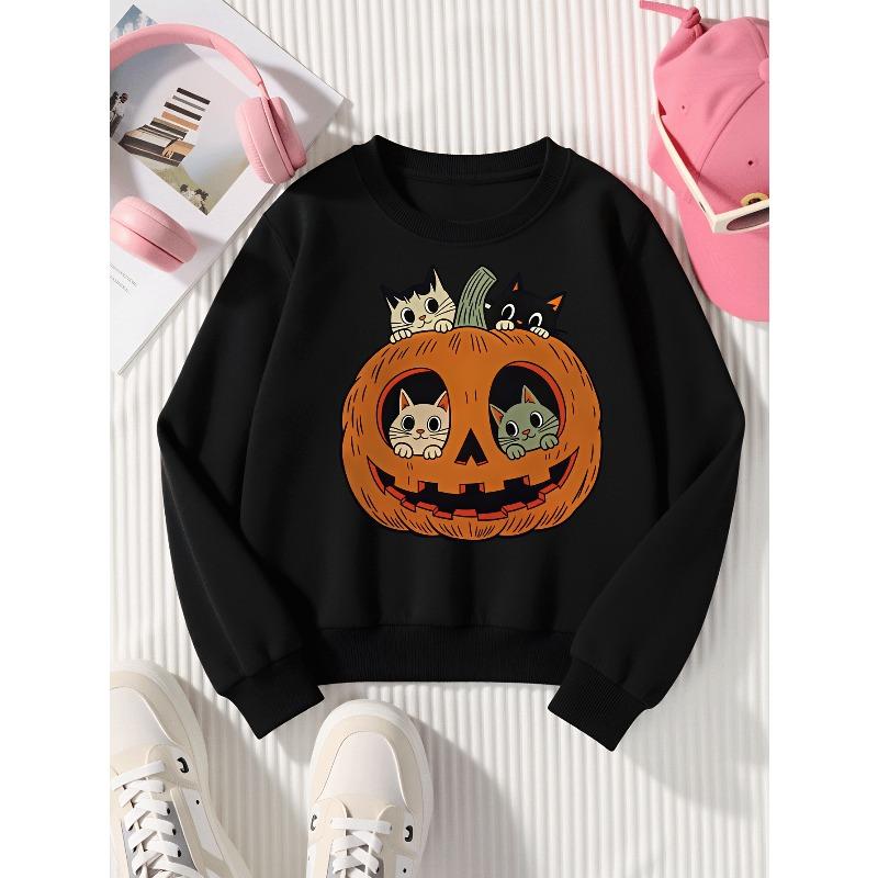 Girls' Halloween Long-sleeve Sweatshirt, Round-neck Fun Print Casual Top, Kids' Autumn Clothing, Suitable for Trick-or-treat Parties and Halloween