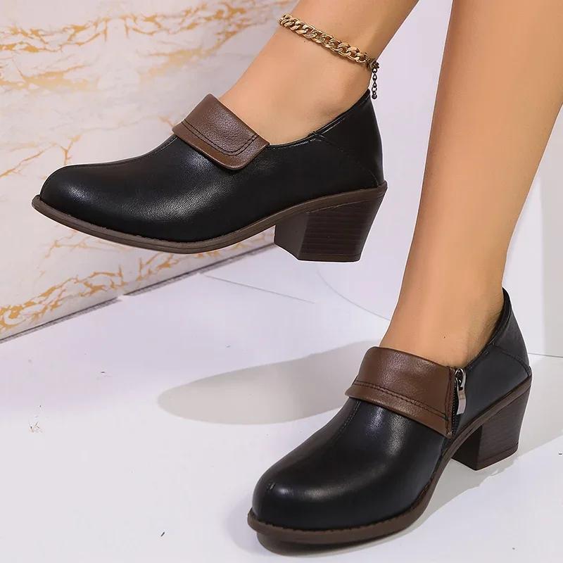 Élégantes Femmes Talons Hauts Épais 2025 Printemps Cuir PU Grandes Tailles Escarpins Nouvelle Femme Imperméable Antidérapant Bureau Chaussures Simples