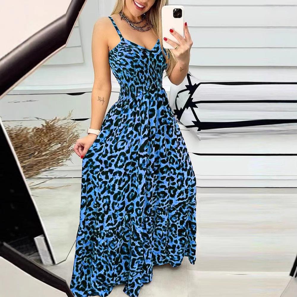 European and American summer new leopard print suspender V-neck dress, high waist skirt, sexy temperament fashion long dress women's clothing